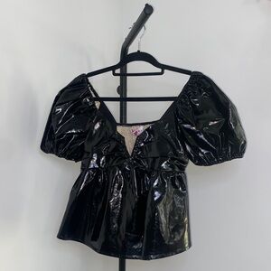 Buddy Love Shiny Black Puff Sleeve Blouse
